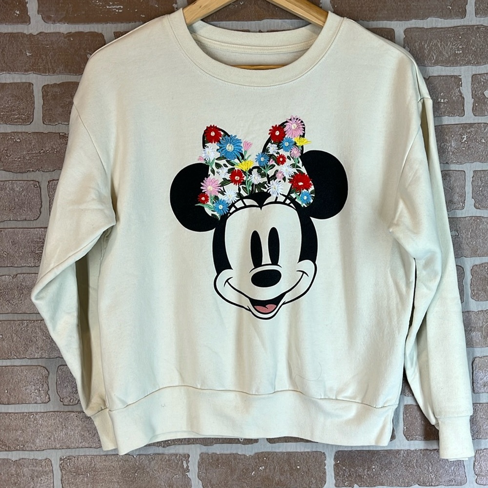 DISNEY Top Minnie Mouse Embroidered Floral Graphic Sweatshirt Sz Small
